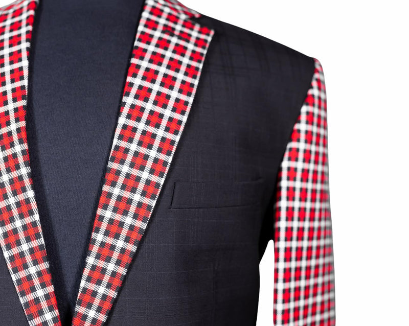 Men's Blazer Black Red Plaid Check Wool Formal Tuxedo Jacket Sport Coat 40R