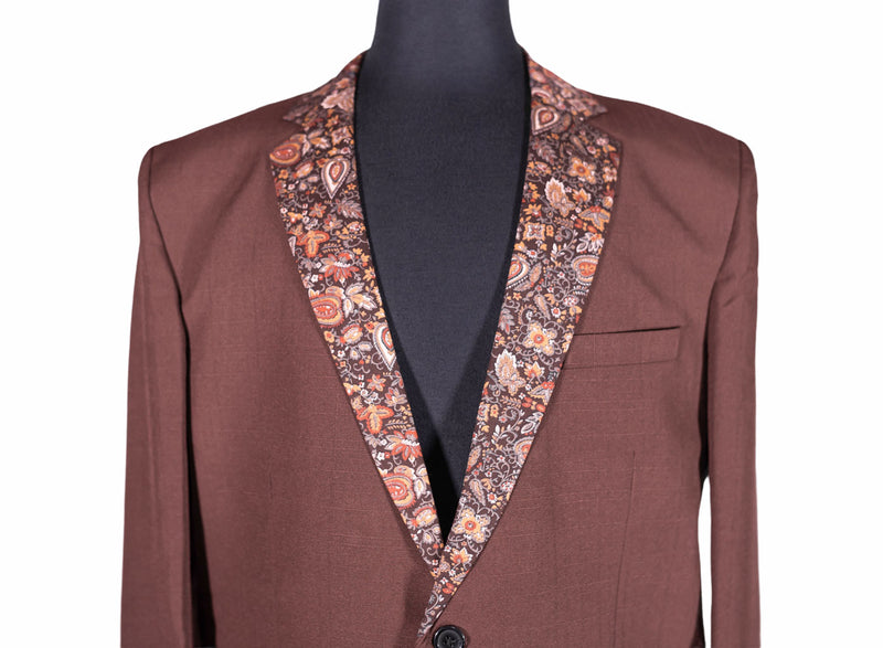 Men's Brown Blazer with Contrast Floral Lapel (42R)