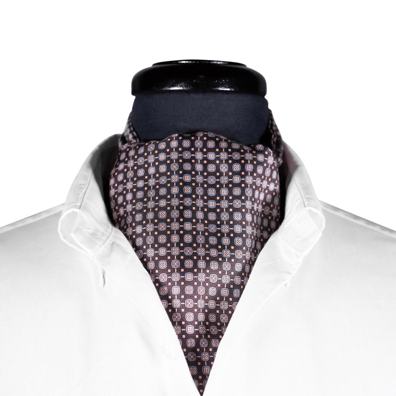 Ascot Cravat Tie Silk Brown Blue Geometric Theater Costume Dress Formal Wedding Necktie Scarf