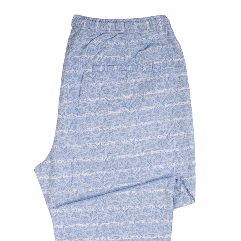 Men's Pants Joggers Blue White Floral Beach Drawstring Trousers Medium
