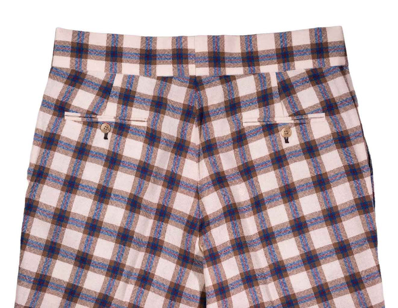 Men's Gurkha Pants Beige Brown Plaid Check Wool Slim High Waist Dress Trousers 36