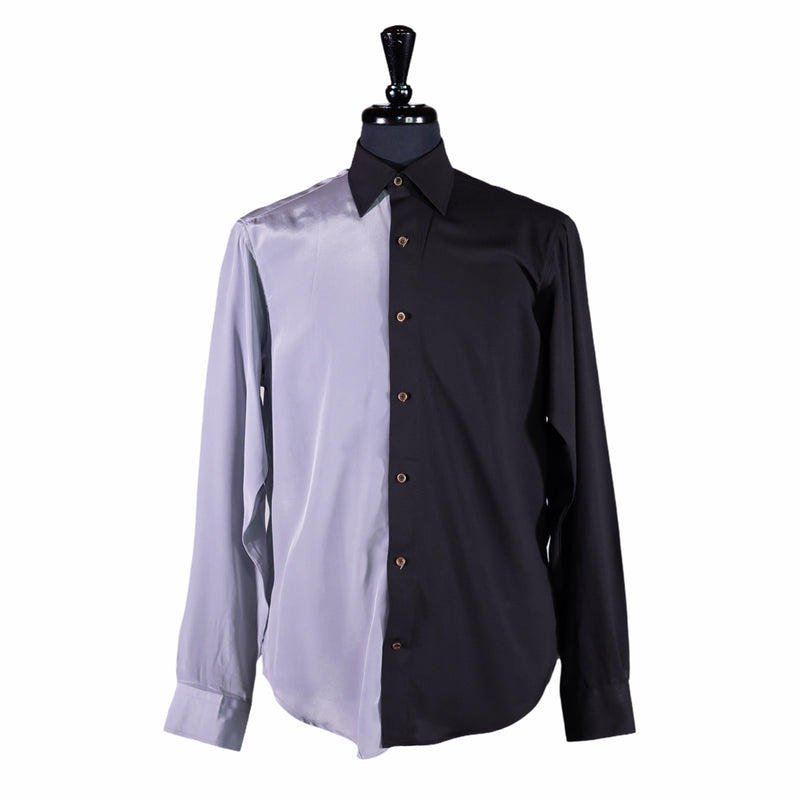 Men's Shirt Button Up Long Sleeve Black Gray Silk Dress Casual Medium