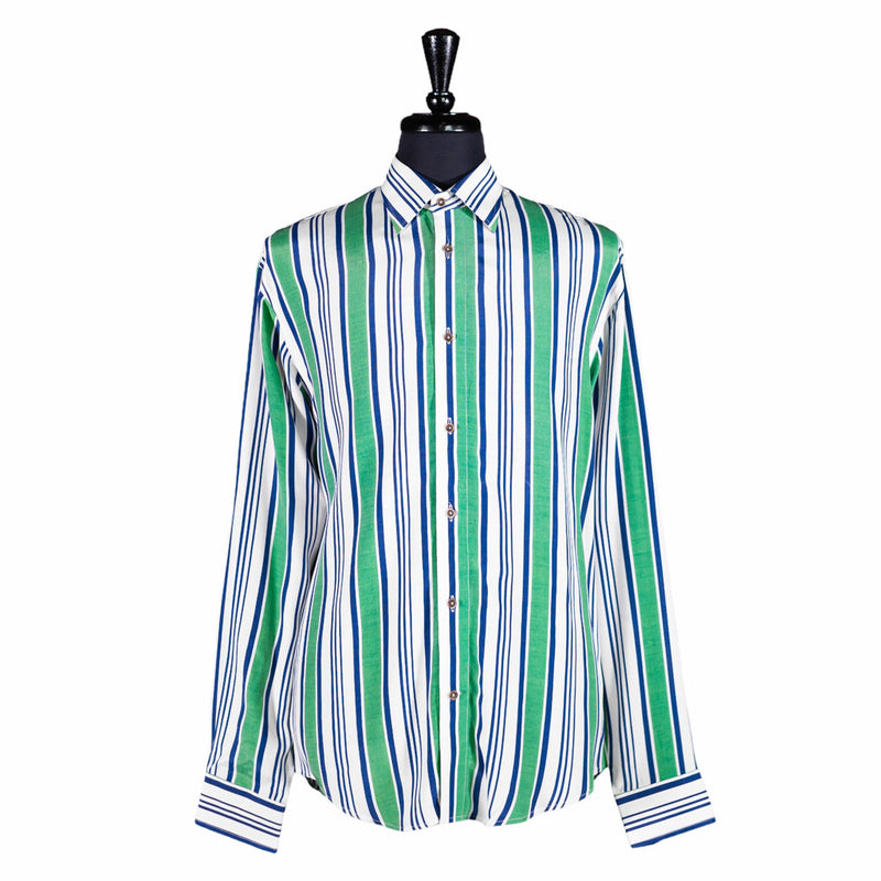 Men's Shirt Button Up Long Sleeve Green White Blue Striped Viscose Large