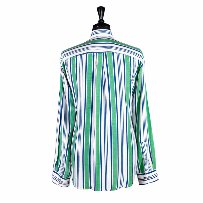 Men's Shirt Button Up Long Sleeve Green White Blue Striped Viscose Large