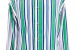 Men's Shirt Button Up Long Sleeve Green White Blue Striped Viscose Large