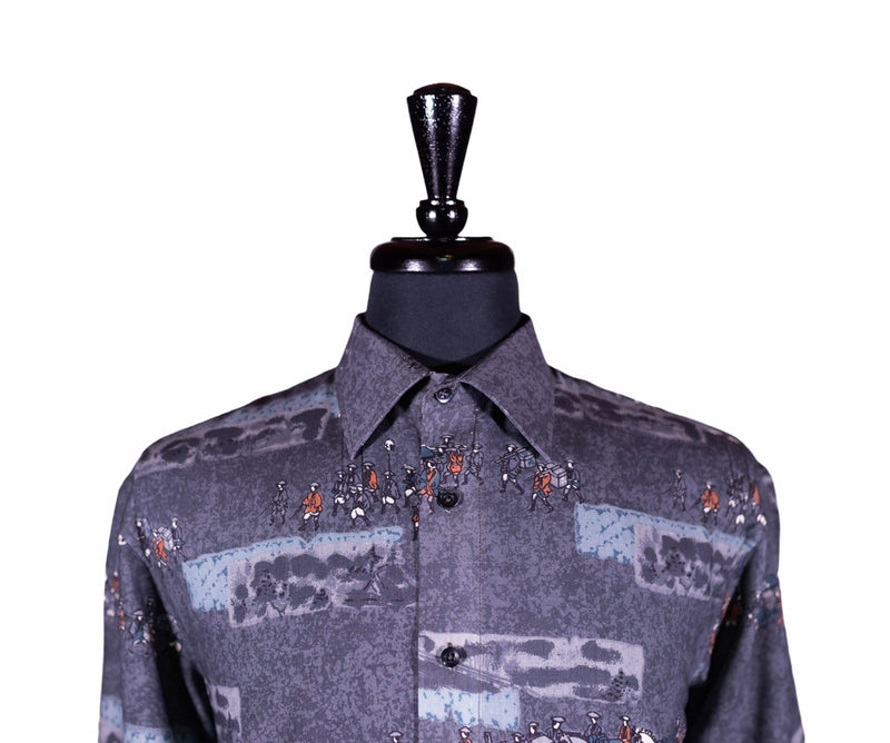 Men's Shirt Button Up Long Sleeve Gray Graphic Print Abstract Viscose Large