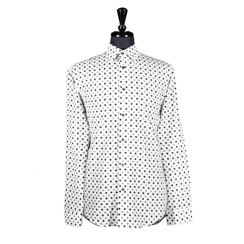 Men's Shirt Button Up Long Sleeve White Polka Dot Chiffon Dress Casual Large