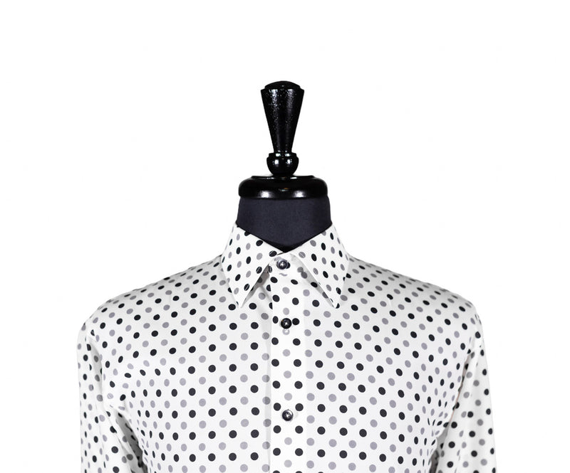 Men's Shirt Button Up Long Sleeve White Polka Dot Chiffon Dress Casual Large