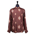 Men's Shirt Button Up Long Sleeve Brown Argyle Diamond Silk Large