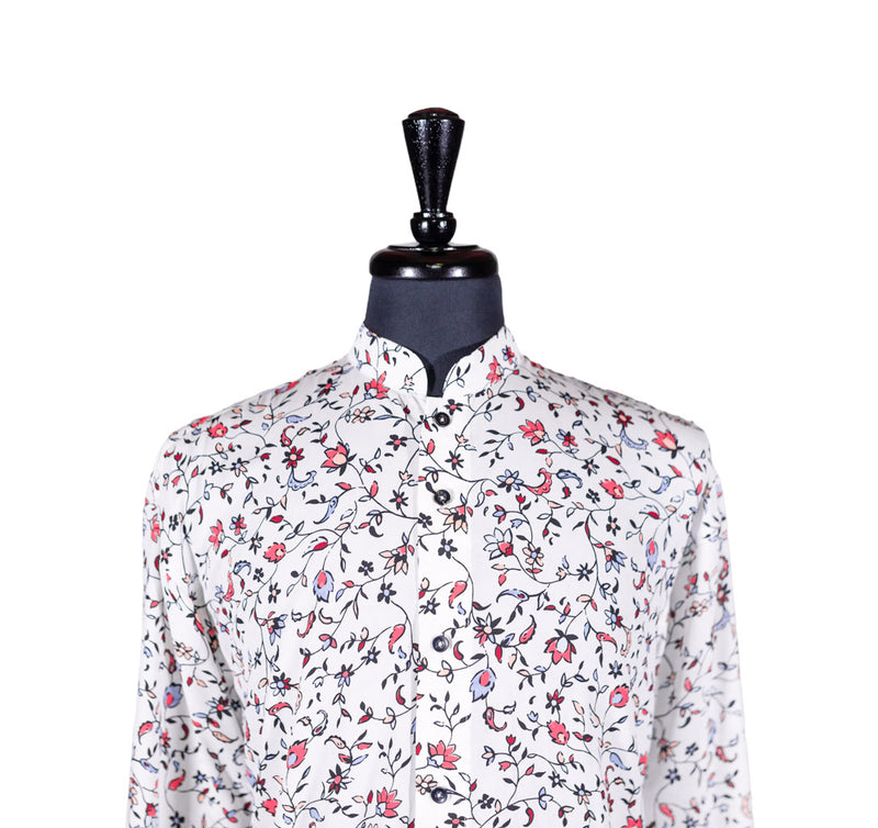 Men's Shirt Button Up Long Sleeve White Floral Chiffon Hawaiian Beach XL