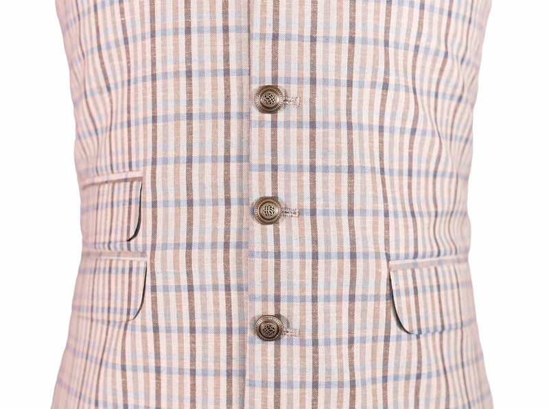 Men's Vest Beige Plaid Check Cotton Dress Casual Formal Wedding Waistcoat Large