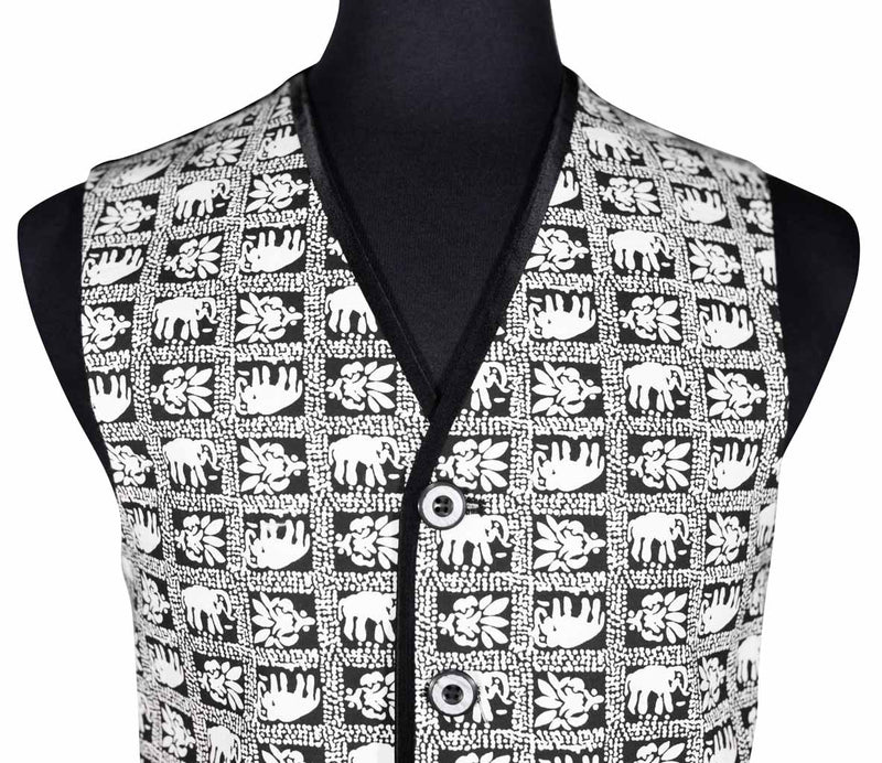 Men's Vest Black White Elephant Print Cotton Dress Formal Wedding Waistcoat