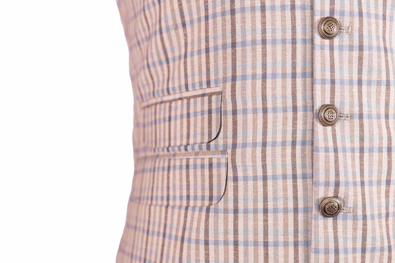 Men's Vest Beige Plaid Check Cotton Dress Casual Formal Wedding Waistcoat Large