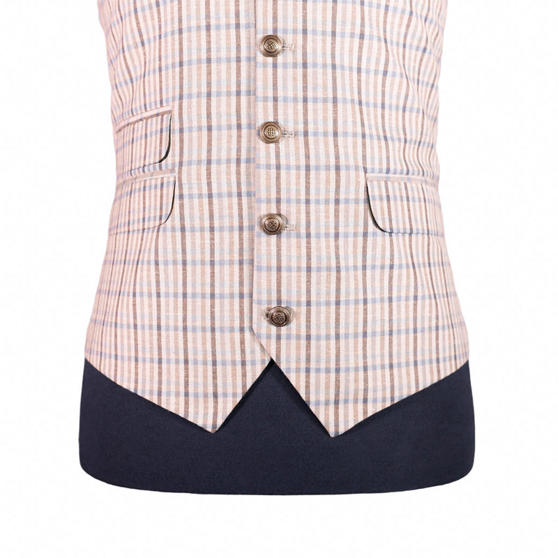 Men's Vest Beige Plaid Check Cotton Dress Casual Formal Wedding Waistcoat Large